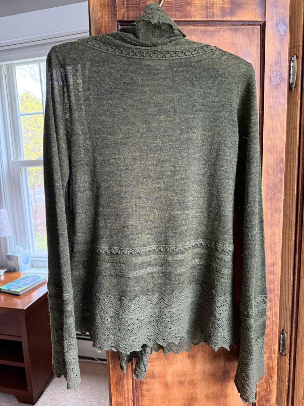 Sparrow (Anthropologie) Olive Lace-Trim Open Front Cardigan - Picture 3 of 6